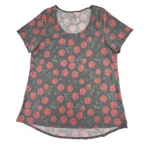 LulaRoe Tunic XL Gray Pink Rose Floral Soft Knit Scoop Neck Short Sleeve Top
